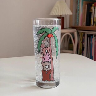 高文姬手杯现货水杯姜妍同款玻璃咖啡杯棕榈树卡通手绘