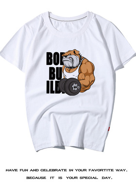 留学生个性T恤衫杠铃健身狗潮牌衣服帅哥健身房肌肉狗宽松短袖T恤