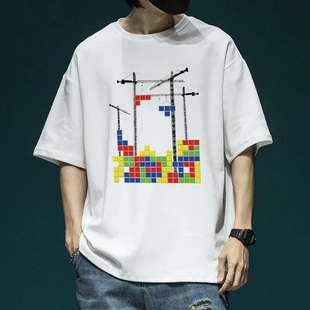 基建狂魔T恤学生洋气圆领半截袖休闲俄罗斯方块短袖衣服男装T恤衫