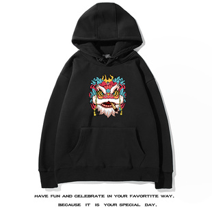 舞狮子中国风连帽男卫衣抽烟狮子搞怪潮牌春节新年衣服好运绒外套