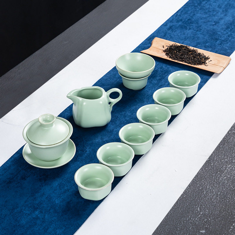 厂家汝窑10头茶具套装青瓷盖碗茶壶功夫整套汝瓷茶杯德化陶瓷礼品