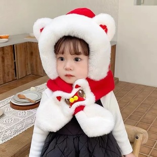 儿童帽子围巾两件套卡通可爱醒狮男女童毛绒帽冬季宝宝防风一体帽