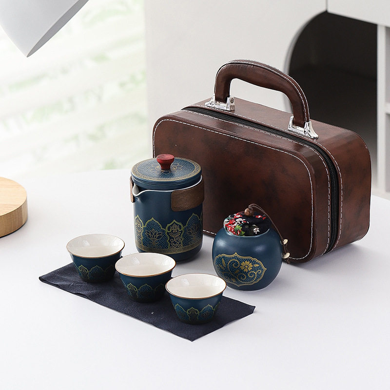陶瓷旅行便携包快客杯一壶三杯茶叶罐整套功夫茶具套装礼品