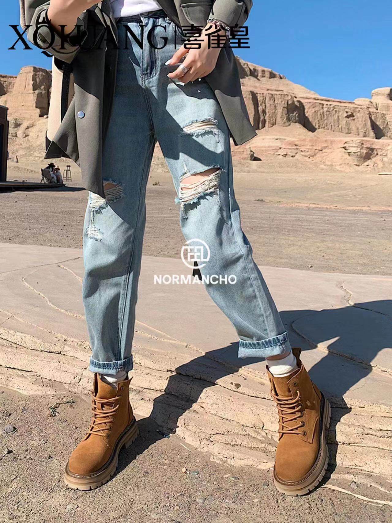 喜雀皇2022秋冬新款厚底磨砂马丁靴真皮细带短靴英伦风复古单靴