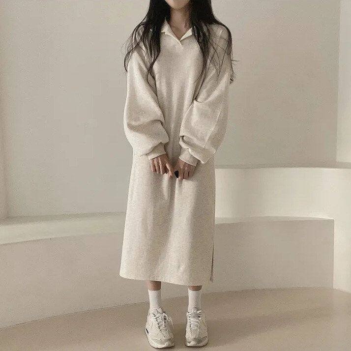 OLO纯色春秋加绒连衣裙秋冬mm领风2023宽松子韩版长款P慵懒胖新款