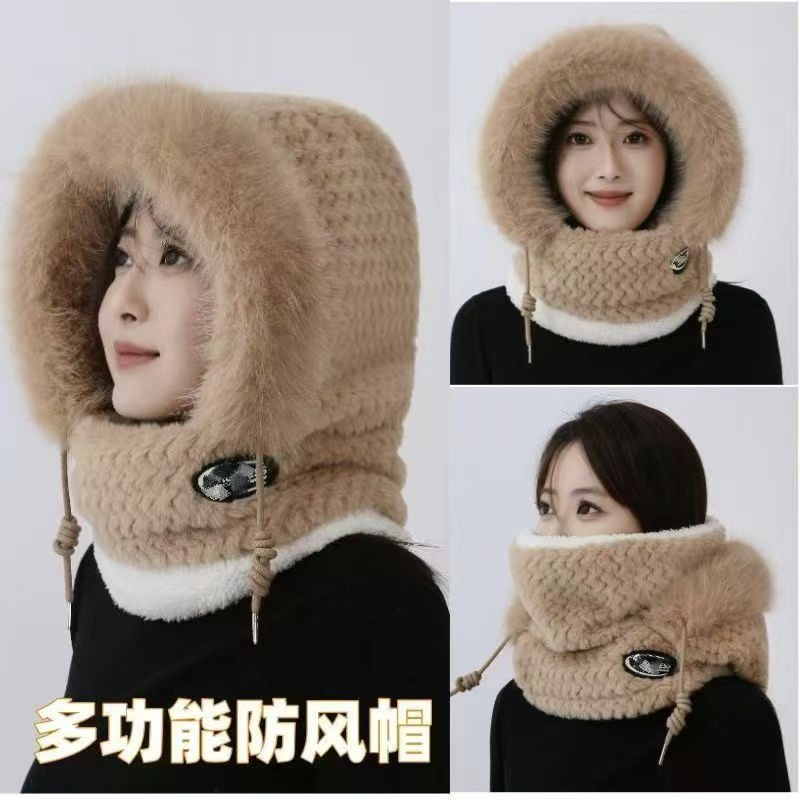冬季加绒围脖一体帽子骑车防寒防风帽毛绒护耳包头帽保暖套头帽