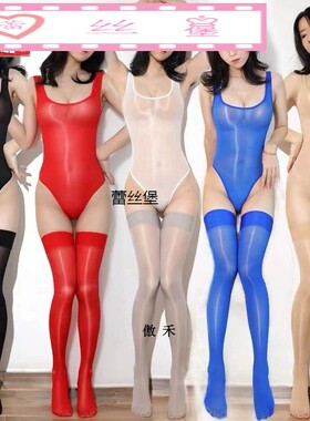 超油亮神裤材质丝袜泳装上衣+长筒袜套装性感油光丝袜连体衣