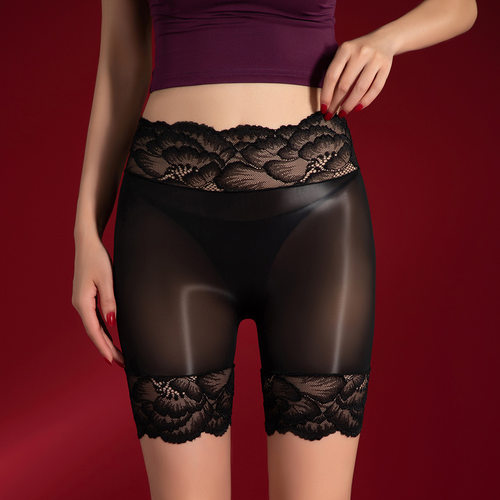 6D无缝马油蕾丝短裤打底裤女油亮丝滑情趣开档大码超薄透视性感