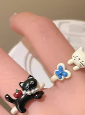 可爱小众童趣开口可调小猫咪戒指