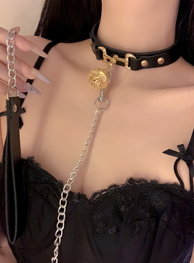 甜妹风黑色铃铛皮革项圈