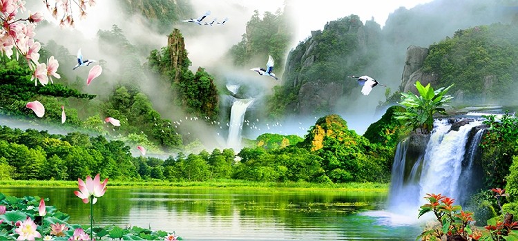 高清晰国画中式风景靠山好图瀑布流水生财聚宝盆背景墙壁装饰贴画