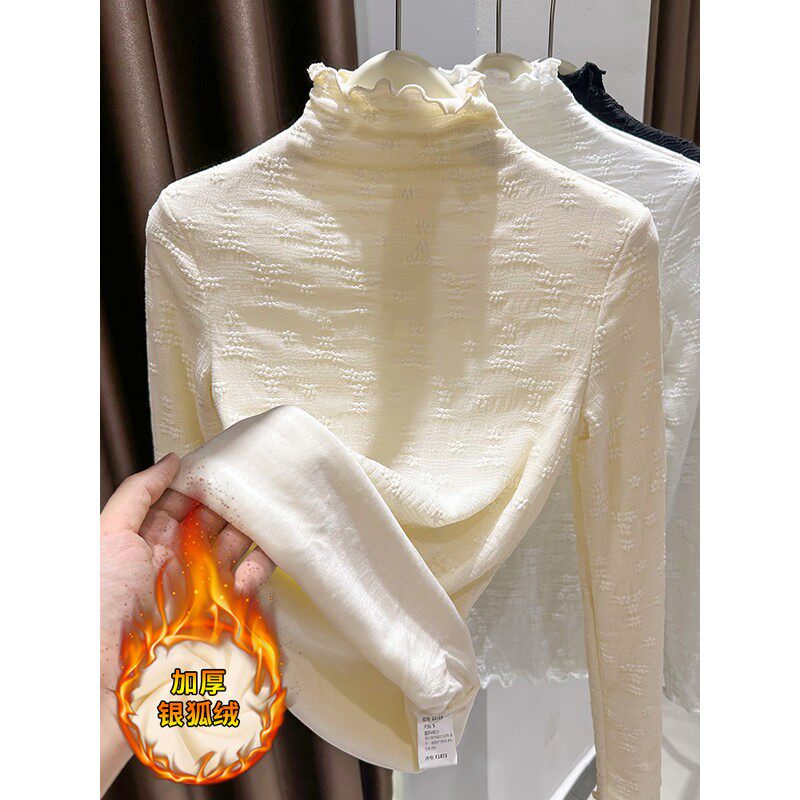 加绒蕾丝打底衫女2024新款秋冬洋气内搭高领加厚银狐绒木耳边上衣,女装/女士精品,蕾丝衫/雪纺衫,淘宝优惠券,粉丝福利购,淘宝优惠卷