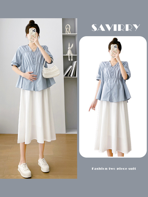 TK 출산복 여름 2024 신작 반팔 탑 베이비돌 화이트 스커트 정장 스커트 스커트 여름