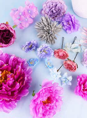汉服绢花紫色牡丹头饰演出写真仿真牡丹花朵大唐贵妇后压新娘发饰