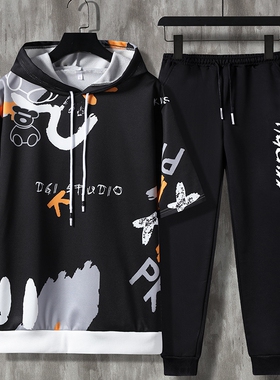 春秋潮流连帽卫衣男套装潮牌短袖外套长裤学生班服团服运动休闲衫
