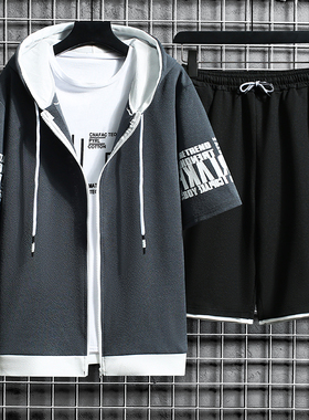 【短袖套装】夏季男休闲短袖拉链外套连帽卫衣短裤学生运动套装