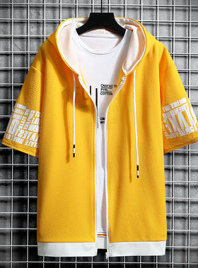 夏季潮流男装男拉链连帽卫衣短袖外套上衣学生班服团服运动休闲衫