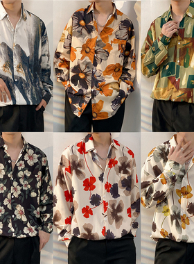 港风vintage花衬衫男女复古夏威夷痞帅宽松情侣长袖衬衣潮牌外套