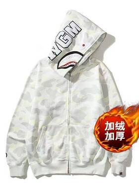 秋冬季刺绣加绒单帽鲨鱼卫衣迷彩开衫拉链帽衫宽松学生男女情侣装