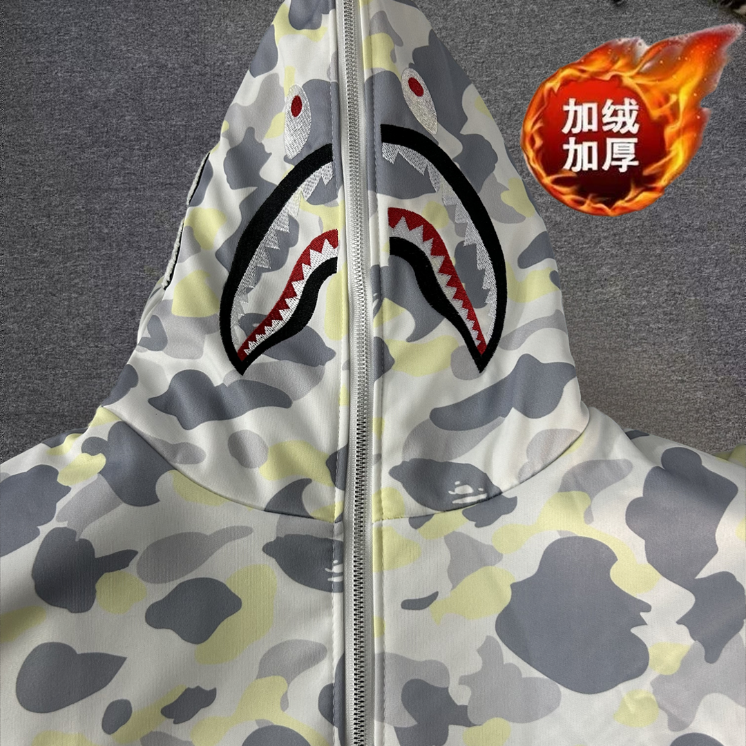 刺绣白色单帽冬季加绒加厚卫衣连帽高街鲨鱼外套男女学生情侣卫衣