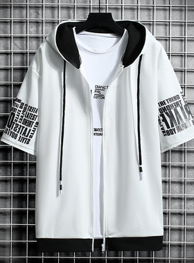 夏季潮流男装男拉链连帽卫衣短袖外套上衣学生班服团服运动休闲衫