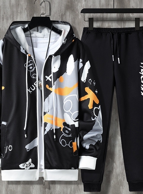 春秋潮流男装外套长裤宽松学生运动连帽卫衣青少年休闲小熊外套男