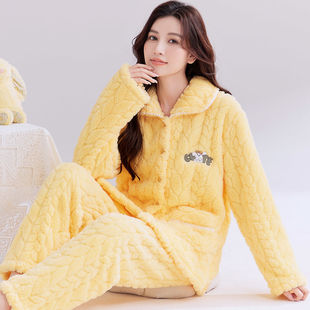 女士睡衣长毛绒保暖秋冬季加肥加厚珊瑚绒家居服可外穿套装法兰绒