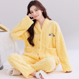 睡衣女士秋冬季加肥家居服套装珊瑚绒长毛绒保暖法兰绒加厚可外穿