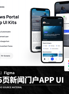35页双配色蓝色新闻门户趣事分享APP程序UI界面Figma模板设计素材