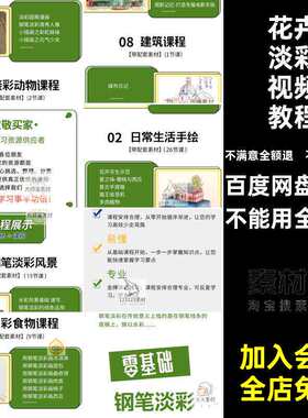 钢笔淡彩视频教程建筑风景花卉美食手绘线稿水彩插画零基础素材