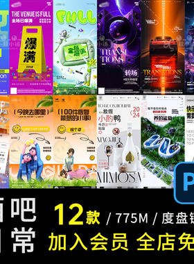 D635酒吧夜店KTV日常邀约海报全场爆满卡通Q版转场科技未来鲨鱼PS