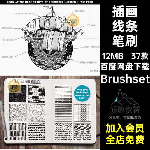插画勾线条Procreate笔刷波浪排线丝滑墨水纹理噪点颗粒