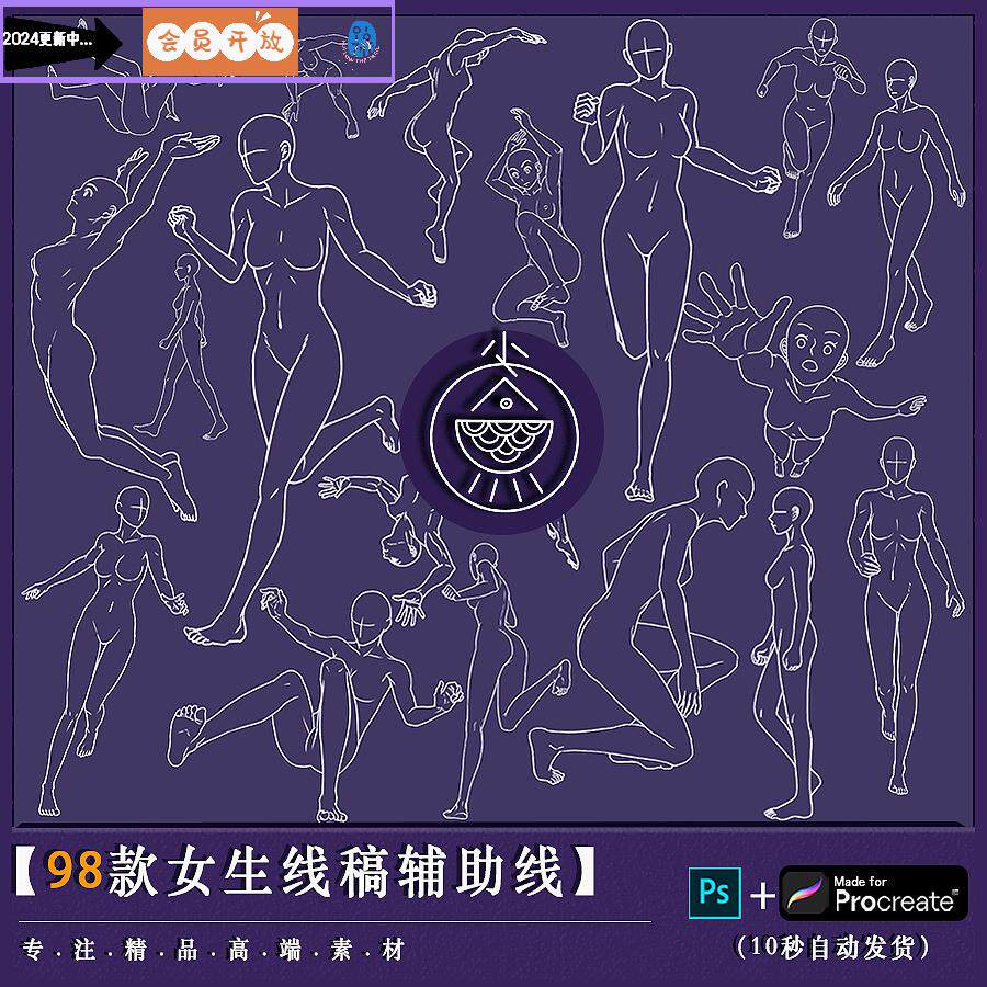 女生人体结构动作线稿for procreate笔刷和 ps笔刷人像辅助线动漫