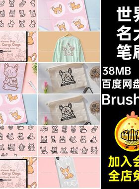 45款可爱柯基笔刷合集动物狗狗世界名犬稿Procreate辅助线平板