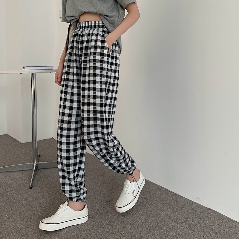 Real shooting and real price control summer new Korean versatile thin plaid pants with drawstring and foot binding, women's casual pants