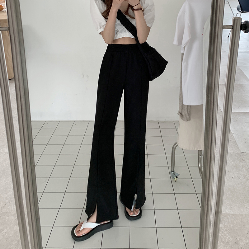 Real shot real price summer Korean high waist slim split pants straight tube loose Wide Leg Pants Black drop pants