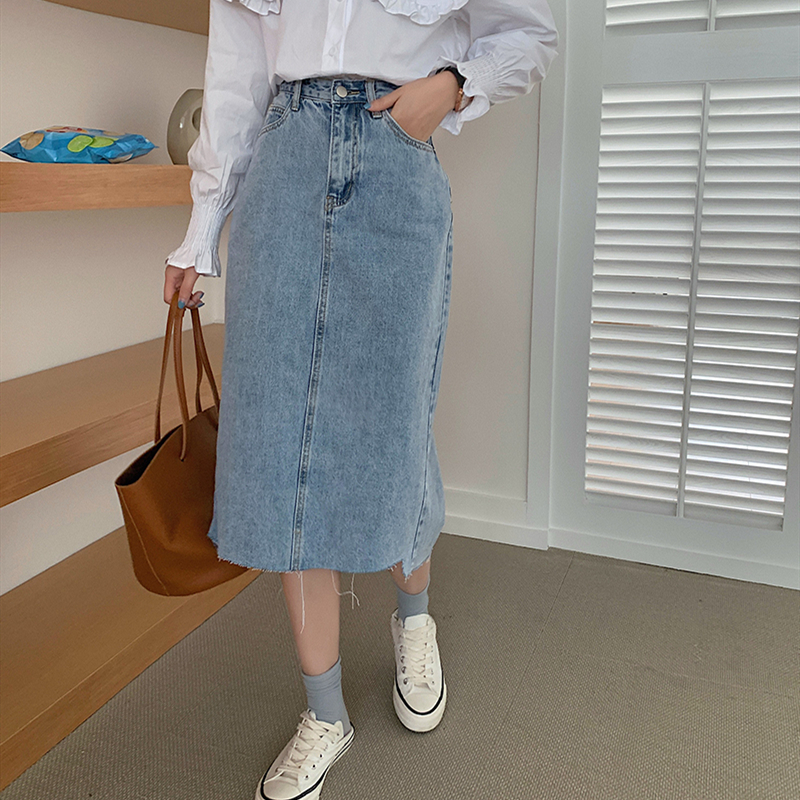 Real shot spring and summer new Korean version loose and thin high waist denim skirt