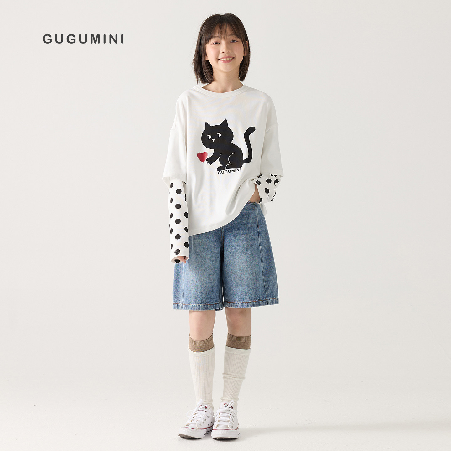 gugumini童装2026春女童全棉透气宽松版猫咪波点拼接假两件长袖T