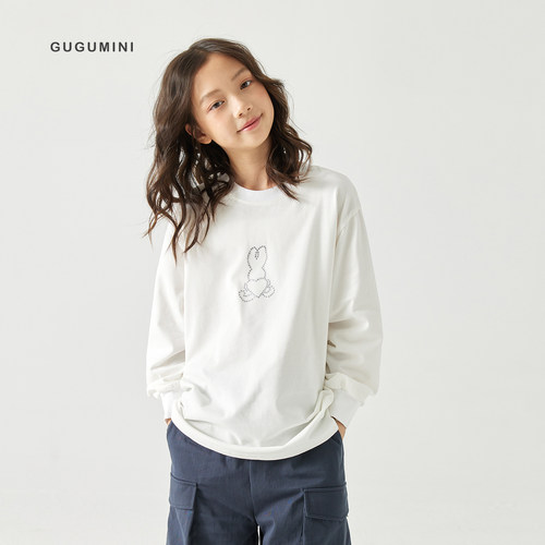 gugumini童装秋季新款女童全棉兔子烫钻宽松版长袖T恤上衣
