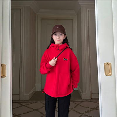 gugumini童装女童2025新年装大红色加绒加厚套头连帽卫衣