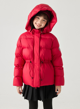 gugumini童装女童2025冬季90白鹅绒新年红三防连帽保暖羽绒服外套