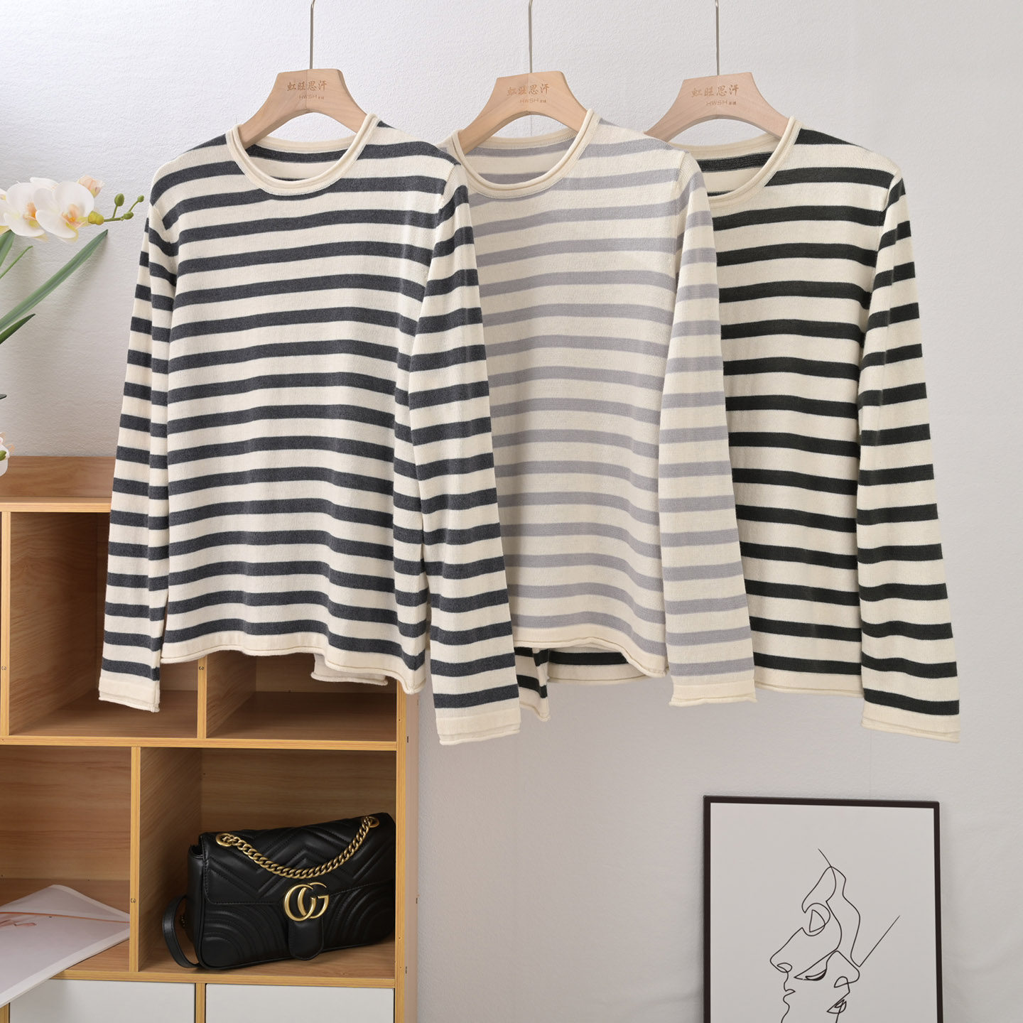 虹旺自制 今年大热条纹衫 女宽松圆领卷边休闲丝羊绒针织套衫长袖,女装/女士精品,毛针织衫,淘宝优惠券,粉丝福利购,淘宝优惠卷