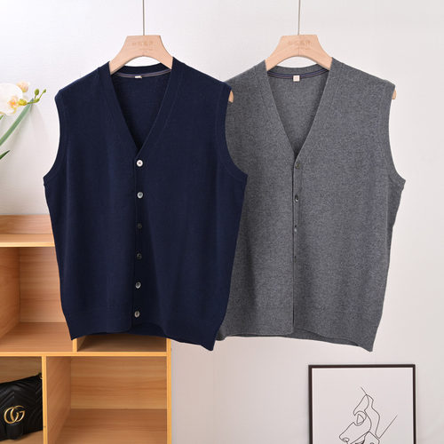 100%纯山羊绒针织无袖马甲开衫男