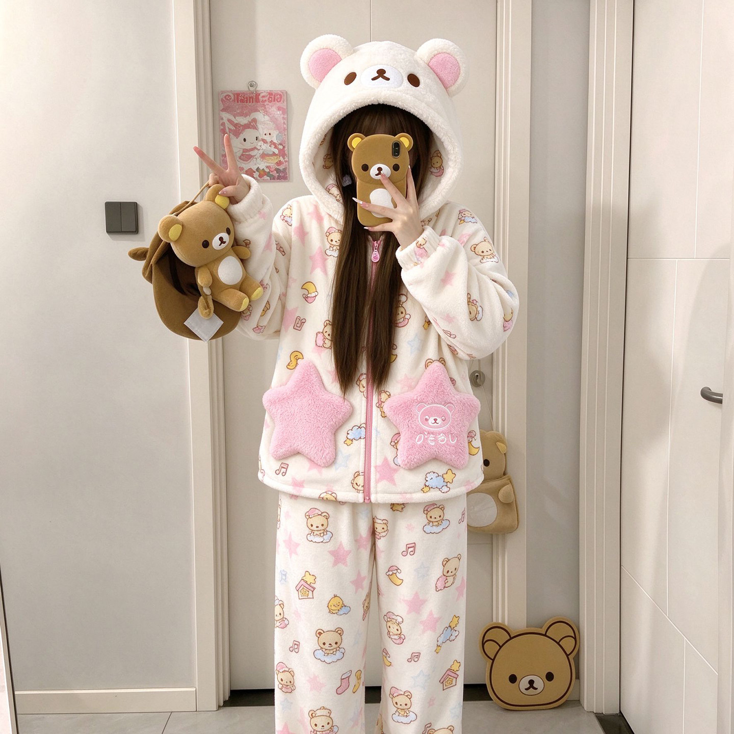 法兰绒轻松熊睡衣冬季天加厚加绒保暖可爱卡通情侣大码家居服套装