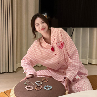 韩系睡衣女款春秋季2025新款大码长袖粉格纯棉卡通小狗家居服套装