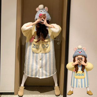 可爱料理鼠王睡袍女秋冬季新款珊瑚绒加绒加厚大码情侣睡衣家居服