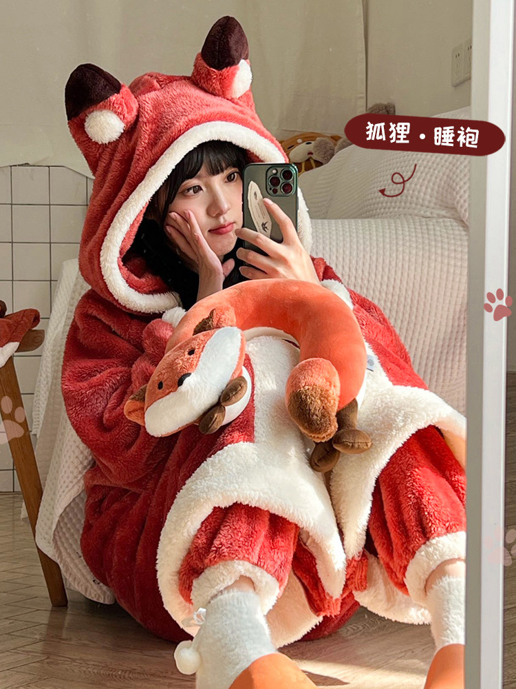 小狐狸睡衣女冬季珊瑚绒加厚新款连体毛绒可爱长款连帽睡袍家居服,女士内衣/男士内衣/家居服,睡衣/家居服套装,淘宝优惠券,粉丝福利购,淘宝优惠卷