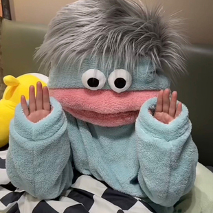 蓝色大嘴怪连体睡衣冬季珊瑚绒加厚搞怪抽象情侣丑鱼一体式家居服