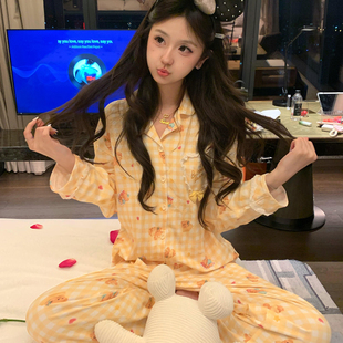 日系黄油小熊睡衣女款春秋季2025新款卡通长袖大码可爱家居服套装