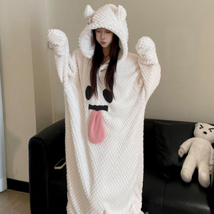 可爱搞怪小幽灵睡裙女秋冬季款加厚连帽珊瑚绒大码毛绒睡袍家居服